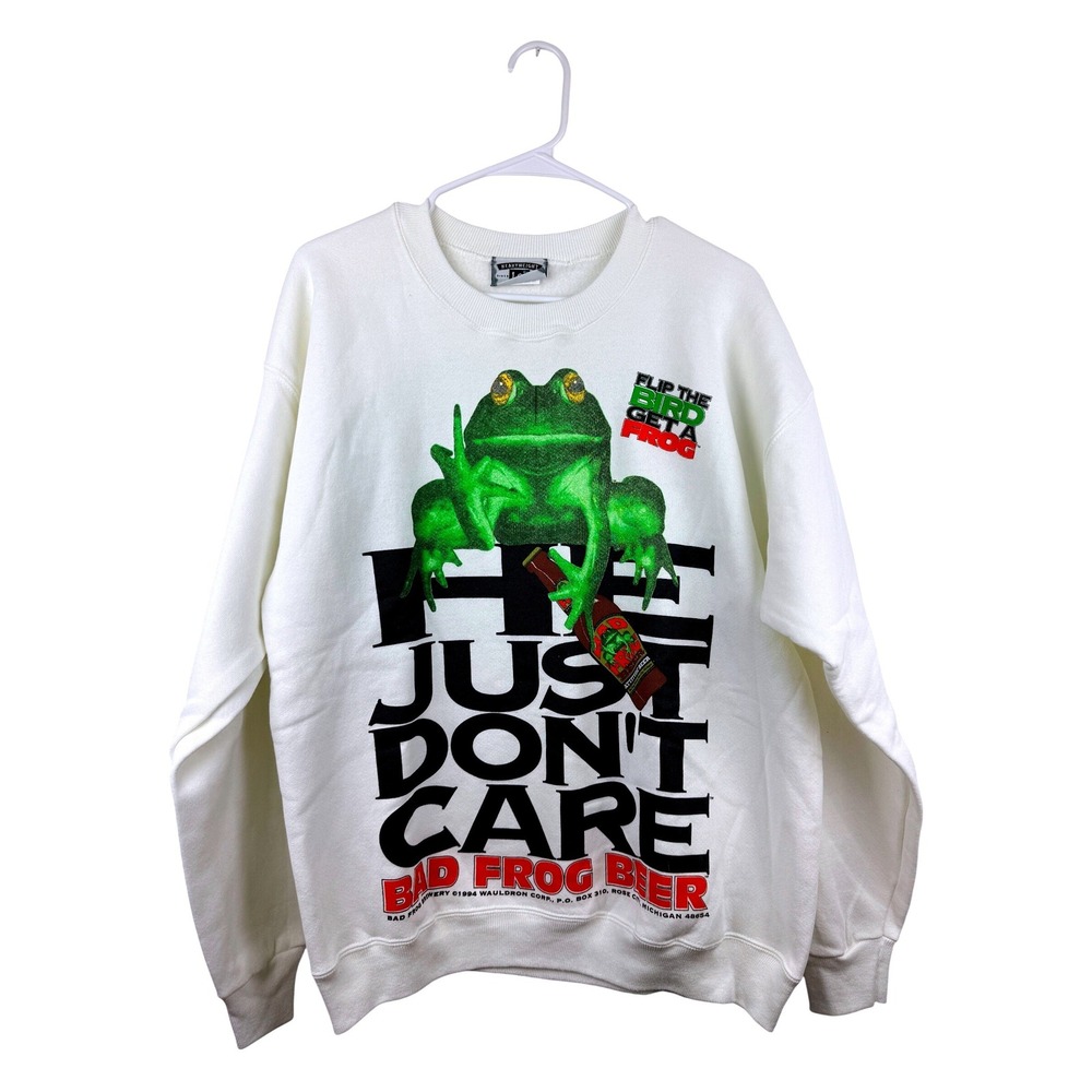 Vintage 1994 Bad Frog Beer Sweatshirt Lee Heavyweight White Crewneck Large USA